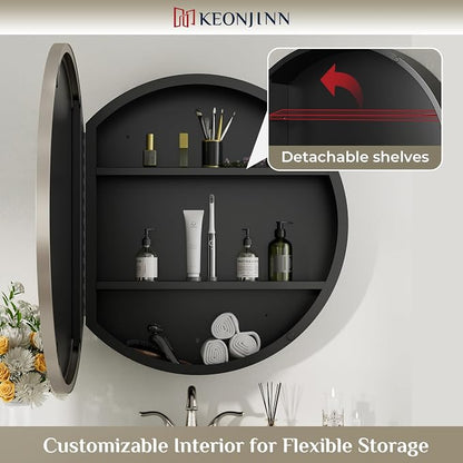 Keonjinn 20 Inch Round Medicine Cabinet with Mirror, Brushed Nickel Surface Mount Medicine Cabinet for Bathroom, Framed Circular Bathroom Cabinet Wall Mounted, Round Vanity Mirror with Storage | Surface Mount, Brushed Nickel Medicine Cabinets Mirror, S...