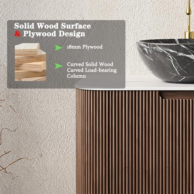 24'' Bathroom Vanities Cabinet with Sink Combo, Wall Mounted Floating Cabinet W/Curved Edges Stripes, Oak Plywood, Soft-Close System with a Drawer, Black Bowl Ceramic Basin - Kiel, Dark Walnut/R