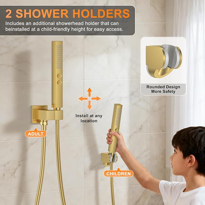 Brushed Gold Shower System with Tub Spout, Ceiling Mounted Bathtub Shower Faucet Set, 12" Rainfall Shower Head and Handheld Shower Combo, High Pressure Shower Fixtures Set with Rough-in Valve