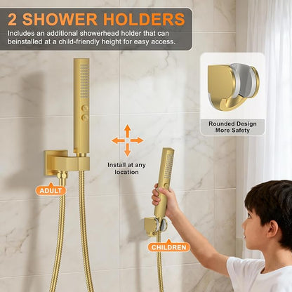 Brushed Gold Shower System with Tub Spout, Ceiling Mounted Bathtub Shower Faucet Set, 12" Rainfall Shower Head and Handheld Shower Combo, High Pressure Shower Fixtures Set with Rough-in Valve