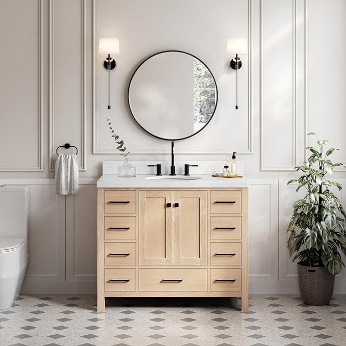 ARIEL Cambridge 42-inch Bathroom Vanity Base Cabinet,Solid Wood, 2 Soft Closing Doors, 9 Dovetail Drawers, White Oak