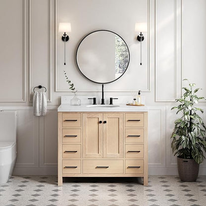 ARIEL Cambridge 42-inch Bathroom Vanity Base Cabinet,Solid Wood, 2 Soft Closing Doors, 9 Dovetail Drawers, White Oak