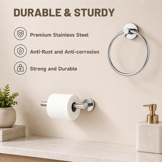 Toilet Paper Holder and Hand Towel Ring Bathroom Set | Chrome,Stainless Steel,Wall Mount,Bathroom Accessories,Hand Towel Ring and Toilet Paper Holder Set,Easy to install,Durable