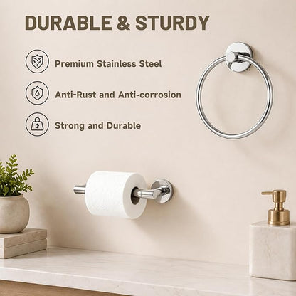 Toilet Paper Holder and Hand Towel Ring Bathroom Set | Chrome,Stainless Steel,Wall Mount,Bathroom Accessories,Hand Towel Ring and Toilet Paper Holder Set,Easy to install,Durable