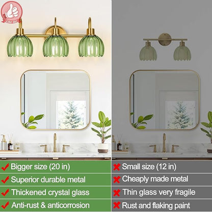 Bathroom Light Fixtures (3-Light, 20 in), Brushed Gold Vanity Lights for Bathroom with Ribbed Green Tulip Glass Shade, Vintage Vanity Wall Lights for Mirror Bedroom Living Room Hallway