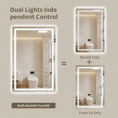 24"x36" LED Bathroom Mirror with Lights, Backlit + Front Lit, Anti-Fog, Lighted Bathroom Mirror for Wall, HD Shatterproof Tempered Glass, Dimmable, Memory Function (Horizontal/Vertical)