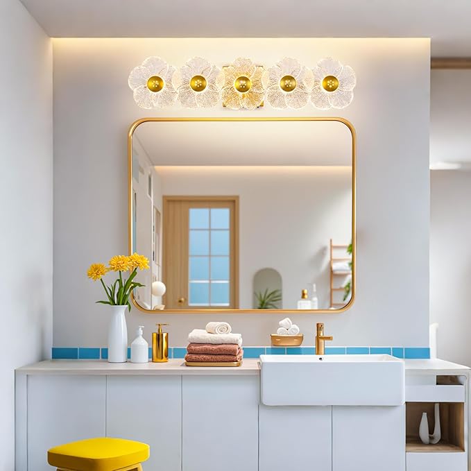 MantoLite Bathroom Light Fixtures Modern Vanity Light Over Mirror Adjustable 3000K-6000K Picture Lights Art Light with Floral Clear Glass Shades for Living Room Bedroom Wall Sconces (5 Light Gold)