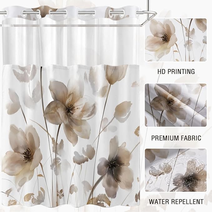 No Hook Shower Curtain and Liner Set, Brown Boho Floral 71x74 | Watercolor Boho Flower, with Snap in Liner, Waterproof, Machine Washable, Quick-Drying, for Hotel Bathroom