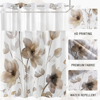 No Hook Shower Curtain and Liner Set, Brown Boho Floral 71x74 | Watercolor Boho Flower, with Snap in Liner, Waterproof, Machine Washable, Quick-Drying, for Hotel Bathroom