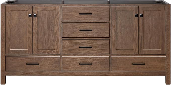 ARIEL Cambridge 72-inch Bathroom Vanity Base Cabinet,Solid Wood, 4 Soft Closing Doors, 6 Dovetail Drawers, Brown Oak