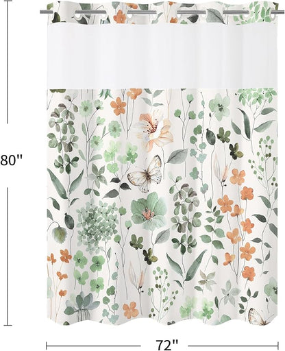 No Hook Sage Green Watercolor Floral Shower Curtain and Liner Set, 72x80 | Spring Flower Shower Curtains with Snap-in Liner for Farmhouse Bathroom Decor, Botanical Bathroom Curtain with Leaves