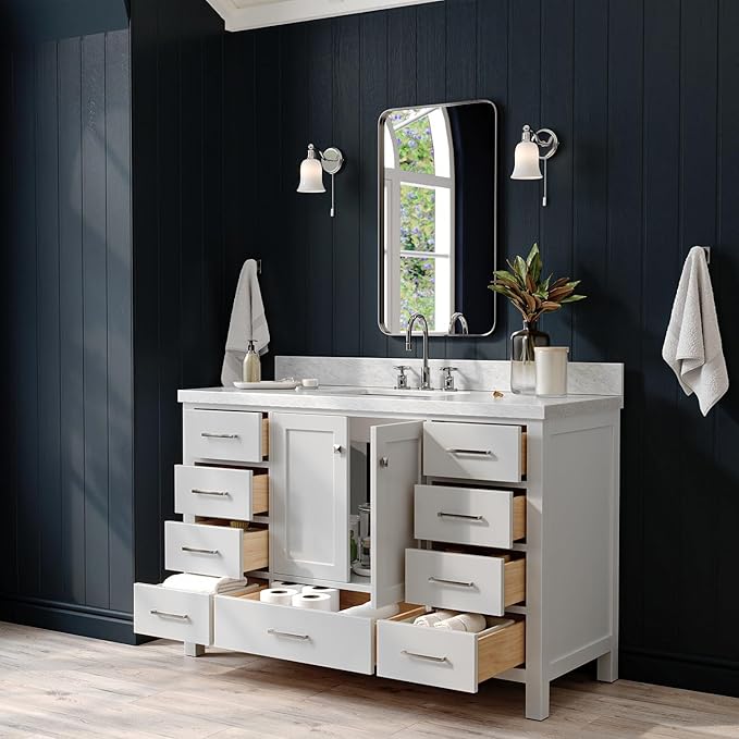 ARIEL Cambridge 54-inch Bathroom Vanity with Sink,Solid Wood, 1.5-inch Italian Carrara Marble Countertop, Single Rectangular Porcelain Sink, 2 Soft Closing Doors, 9 Dovetail Drawers, Grey