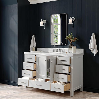 ARIEL Cambridge 54-inch Bathroom Vanity with Sink,Solid Wood, 1.5-inch Italian Carrara Marble Countertop, Single Rectangular Porcelain Sink, 2 Soft Closing Doors, 9 Dovetail Drawers, Grey