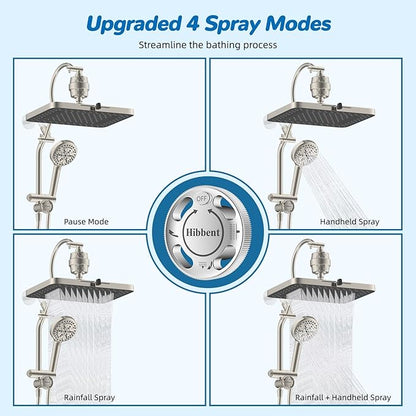Hibbent 5-spray Dual Filtered Rainfall Shower Head with 10 Spray Handheld | High Pressure 13'' Showerhead Combo, Easy Reach 4-way Diverter Arm with Pause Mode, 71'' Hose & Holder, Brushed Nickel