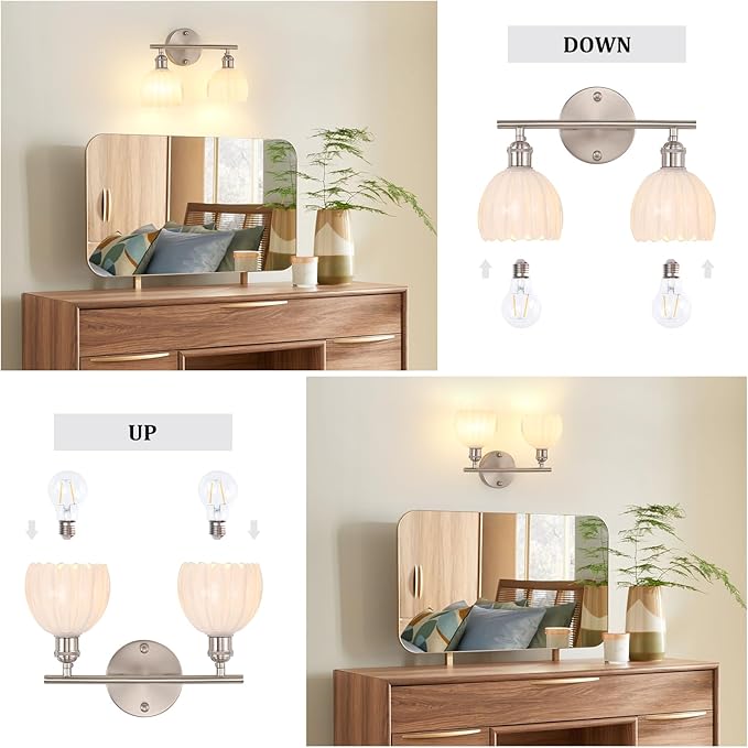 Bathroom Light Fixtures, 2-Light Vanity wall Light Over Mirror with White Tulip Glass Shade for Bedroom Living Room (Bulb Not Included), Satin Nickel