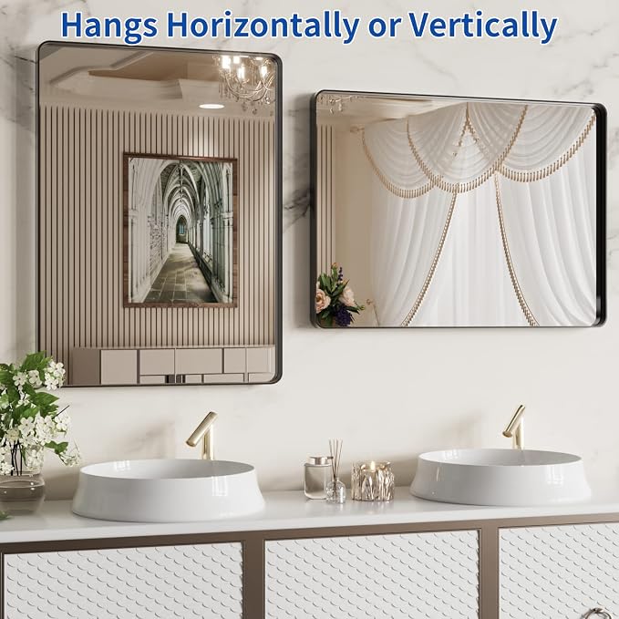 WEER Black Bathroom Mirror 22X30 Inch Metal Framed | Matte Black Bathroom Vanity Mirror, Rounded Rectangle, Tempered Glass, Anti-Rust, Hangs Horizontally or Vertically