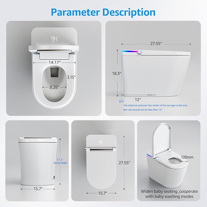 Smart Toilet with Bidet Built In, Heated Seat, Warm Water & Air Dryer, One-piece Tankless Bidet Toilet with Foot Sensor & Night Light, Auto Open/Close Lid & Flush, 1.26GPF Water-Saving Design