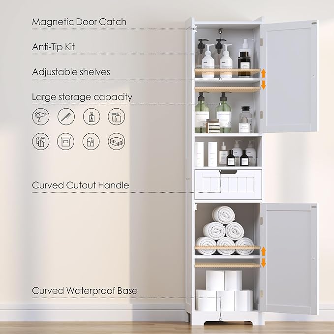 TidyHaven 67” Tall Bathroom Storage Cabinet, Slim Narrow Organizer with Adjustable Shelves, 2 Doors & 1 Drawer, Freestanding Floor Cabinet for Small Spaces, Kitchen, Living Room, White