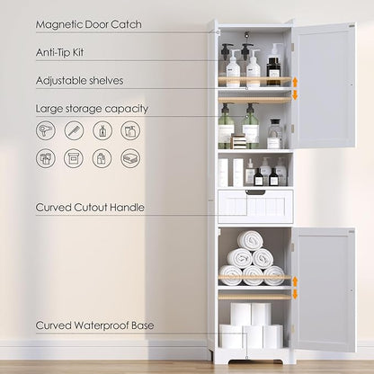 TidyHaven 67” Tall Bathroom Storage Cabinet, Slim Narrow Organizer with Adjustable Shelves, 2 Doors & 1 Drawer, Freestanding Floor Cabinet for Small Spaces, Kitchen, Living Room, White