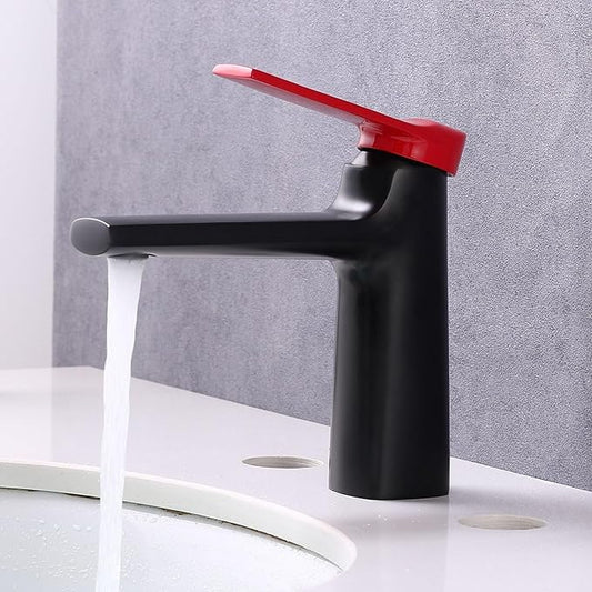 Bathroom Water Faucet Single Handle Faucet for Bathroom Sink 1 Hole Hot and Cold Black+Red
