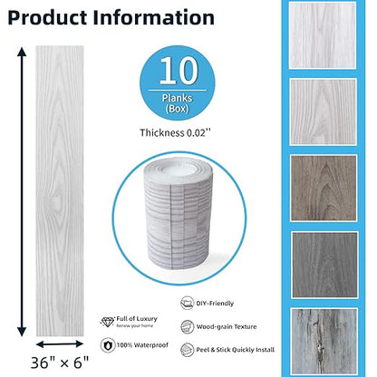 Art3d 15 Sq.ft Peel and Stick Floor Tiles, 10Pcs Luxury Vinyl Plank Flooring Wood Look, 36" × 6" Adhesive and Waterproof Tile Sticker for Bedroom, Living Room, Kitchen, Light Gray