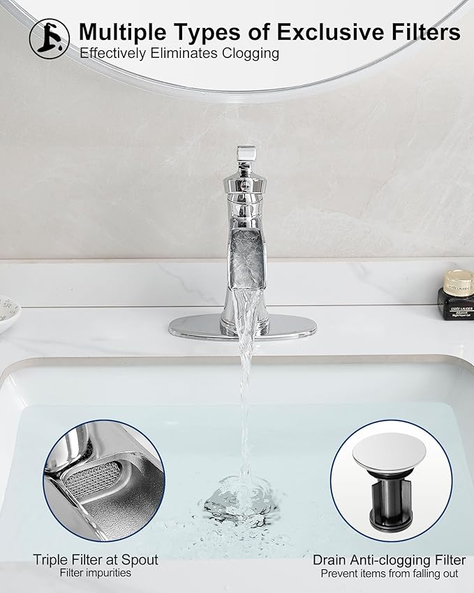 Brass Chrome Bathroom Faucet Single Handle, Bathroom Faucets One Hole, 4 Inch Waterfall Faucet for Bathroom Sink 3 Hole with Deck Plate, Pop-up Drain and Supply Hoses