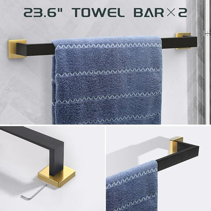 Dorudon Atrox 7-Piece Bathroom Set - Black & Gold Accessories Set - Square Towel Bar 2x23'', Hand Towel Rack, Toilet Paper Holder, 3x Towel Hook, Bathroom Hardware