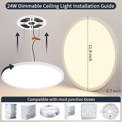 12 Inch Flush Mount Ceiling Light, 24W Dimmable LED Fixture 2400LM, 3000K/4500K/6000K Adjustable, Ultra Thin Round Ceiling Lamp for Bedroom, Kitchen, Living Room, Dining Room, Bathroom, White