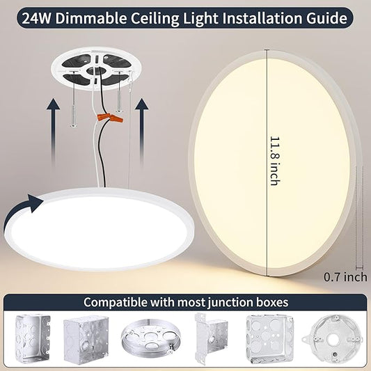 12 Inch Flush Mount Ceiling Light, 24W Dimmable LED Fixture 2400LM, 3000K/4500K/6000K Adjustable, Ultra Thin Round Ceiling Lamp for Bedroom, Kitchen, Living Room, Dining Room, Bathroom, White