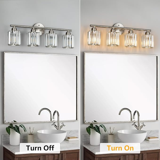 Modern 4 Light Crystal Vanity Light, Brushed Nickel Vertical Bathroom Light Fixture Over Mirror for Dressing Table Sink, Compatible with Dimmable Bulbs (Bulbs Not Included)