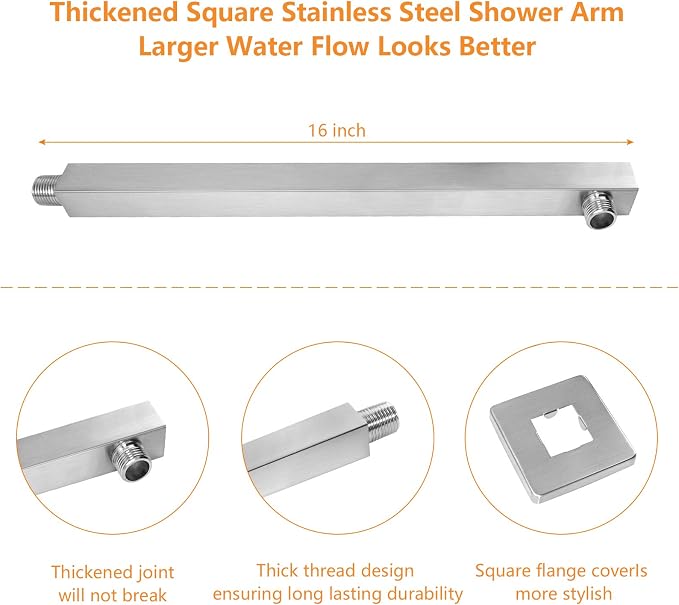 Shower Head with Extension Arm, High Pressure Square with ShowerArm, Stainless Steel Rainfall-Waterfall Full Body Coverage (12'' Shower with 16'' Arm, Brushed Nickel)