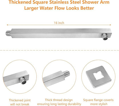 Shower Head with Extension Arm, High Pressure Square with ShowerArm, Stainless Steel Rainfall-Waterfall Full Body Coverage (12'' Shower with 16'' Arm, Brushed Nickel)