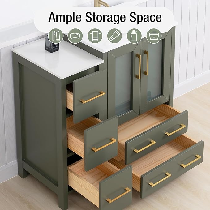 HOMEBEYOND 36 Inch Modern Bathroom Vanity with Sink & Mirror, Single Vanity Cabinet with Basin and Mirror, Dove-Tailed Drawers, Soft-Closing Doors, Wood, Vintage Green
