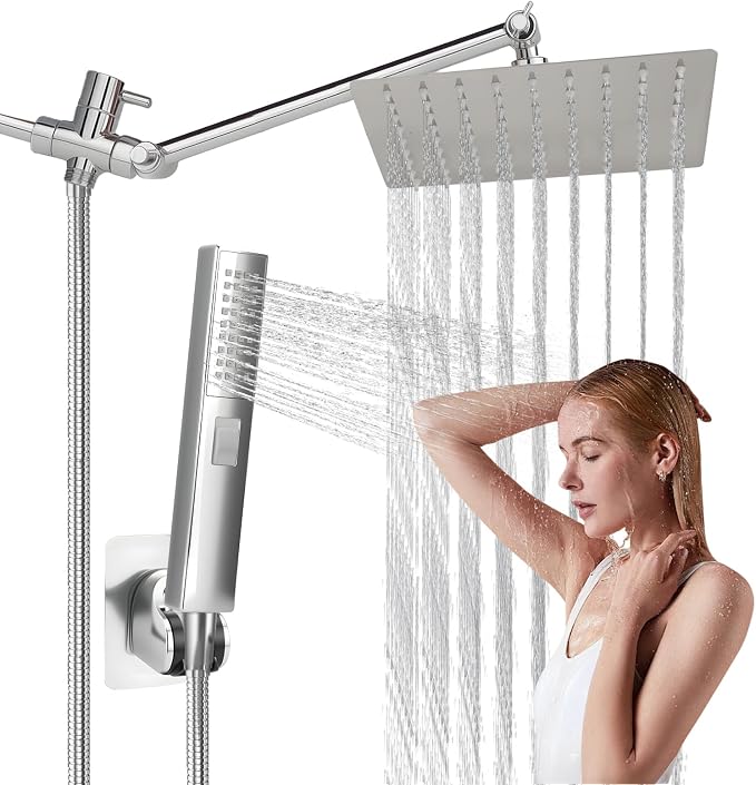 Rainfall Shower Head with Handheld Combo, Silvery, 10 Inch & 3 Spray Modes | 180° Adjustable, Extension Arm, Easy To Install
