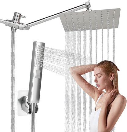 Rainfall Shower Head with Handheld Combo, Silvery, 10 Inch & 3 Spray Modes | 180° Adjustable, Extension Arm, Easy To Install