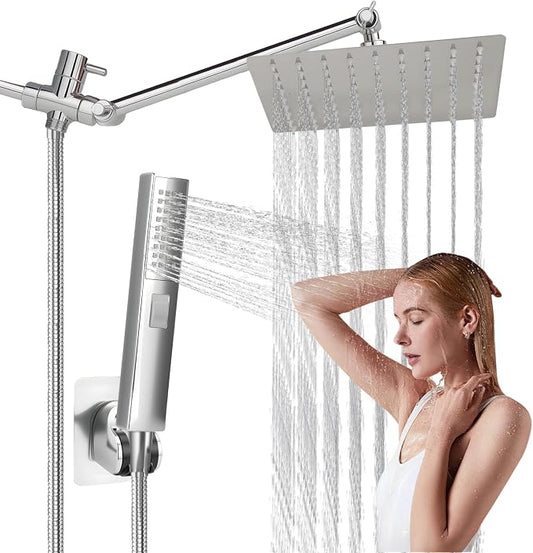 Rainfall Shower Head with Handheld Combo, Silvery, 10 Inch & 3 Spray Modes | 180° Adjustable, Extension Arm, Easy To Install