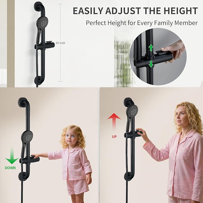 BRIGHT SHOWERS Stainless Steel Slide Bar Grab Rail Set Ada Compliant, 5-Spray Handshower with Slide Bar Kit – Includes Handheld Shower Head and 69-Inch Hose, Matte Black