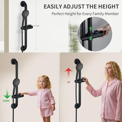 BRIGHT SHOWERS Stainless Steel Slide Bar Grab Rail Set Ada Compliant, 5-Spray Handshower with Slide Bar Kit – Includes Handheld Shower Head and 69-Inch Hose, Matte Black