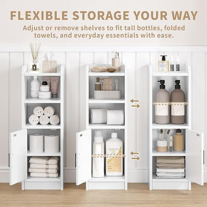 Narrow Bathroom Storage Cabinet with Door & Adjustable Shelf, 9.8" W Slim Storage Cabinet for Small Spaces, Skinny Toilet Paper Cabinet, 9.8" W × 7.9" D × 29.5" H, White