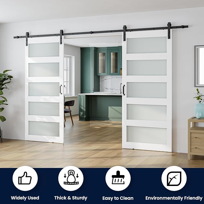 SMARTSTANDARD Double 34×84 Glass Barn Door with Sliding Hardware Kit | Pre-Drilled Ready to Assemble, Waterproof PVC Coating, 5-Panel Glass, White
