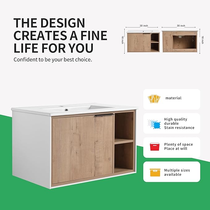 30 Inch Bathroom Vanity with White Sink Combo, Wall-Mounted Bathroom Vanity for Small Space, Bathroom Cabinet with 1 Door&Side Shelf