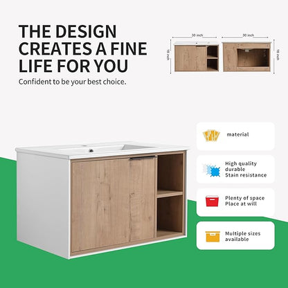30 Inch Bathroom Vanity with White Sink Combo, Wall-Mounted Bathroom Vanity for Small Space, Bathroom Cabinet with 1 Door&Side Shelf