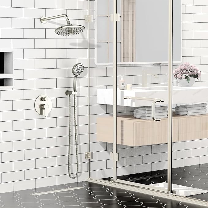 SR SUN RISE Shower Faucet - 10 Inch Multifunctional High Pressure Shower Head System with Handheld Shower Head Fixtures - Valve Included - Brushed Nickel