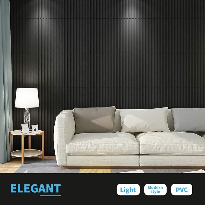 Art3d 3D Fluted Textured Slat Wall Panels, 19.7 x 19.7 in, 12-Pack, Black | PVC, Waterproof, Scratch Proof, Wipeable, Break-Proof, Ideal for Home, Office and Commercial Spaces