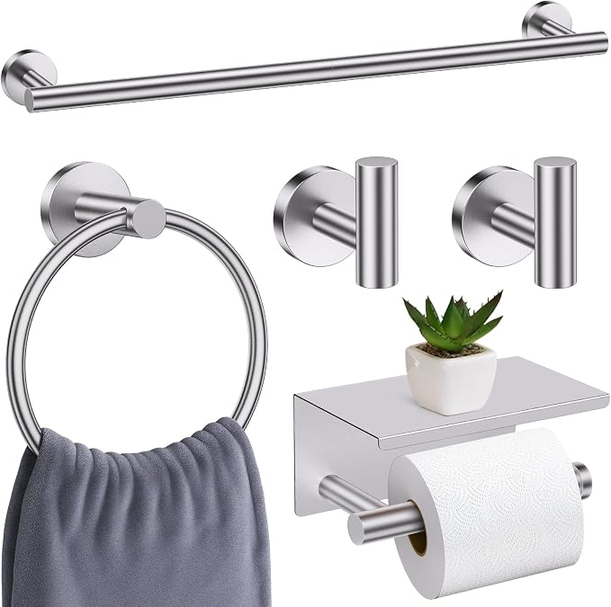 Brushed Nickel Bathroom Hardware Set, 5 Pieces Towel Bar Bathroom Accessories, Upgraded Toilet Paper Holder with Shelf Set, 23.6 Inch Towel Rack Towel Holder for Bathroom Wall