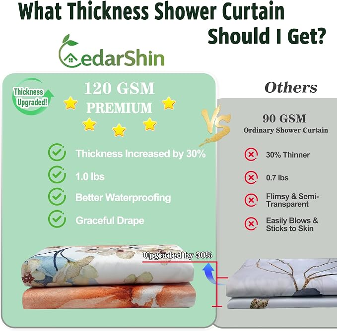 Floral Flower Fabric Shower Curtain with 12 Hooks, 120GSM, 72x72 | Printed Botanical Bathroom Curtain,Polyester Shower Curtain Water-resistant