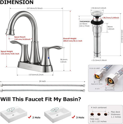 PARLOS Swivel Spout 2-Handle Brushed Nickel Bathroom Sink Faucet with Metal Pop-up Drain and Faucet Supply Lines, Demeter 13627