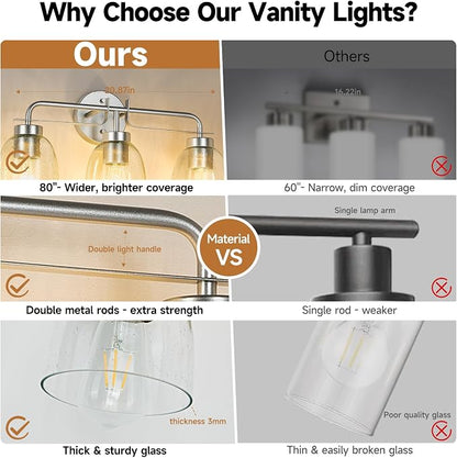 21 Inch Vanity Lights, 3-Light Silver Vintage Industrial Bathroom Light Fixtures with Bell Bubble Glass Shade, Wall Sconce for Bathroom Mirror, Bedroom, Hallway