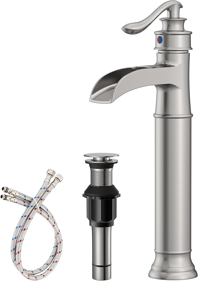 Homevacious Vessel Sink Faucet Tall Bathroom Faucets Waterfall Brushed Nickel Brass Single Handle 1 Hole with Pop Up Drain and Supply Line Farmhouse Lavatory Vanity