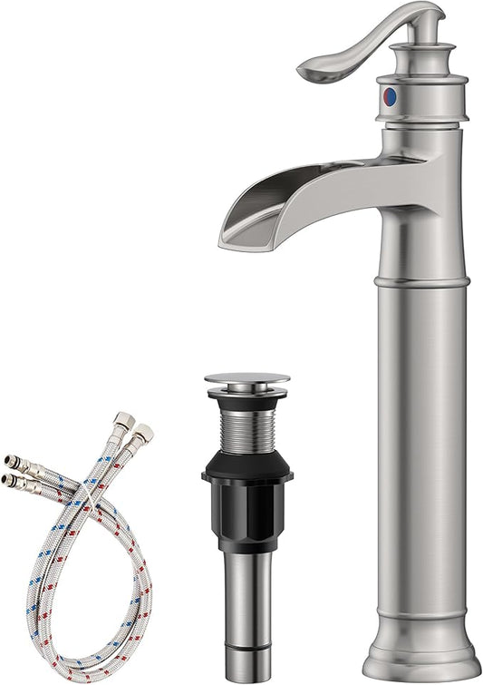 Homevacious Vessel Sink Faucet Tall Bathroom Faucets Waterfall Brushed Nickel Brass Single Handle 1 Hole with Pop Up Drain and Supply Line Farmhouse Lavatory Vanity